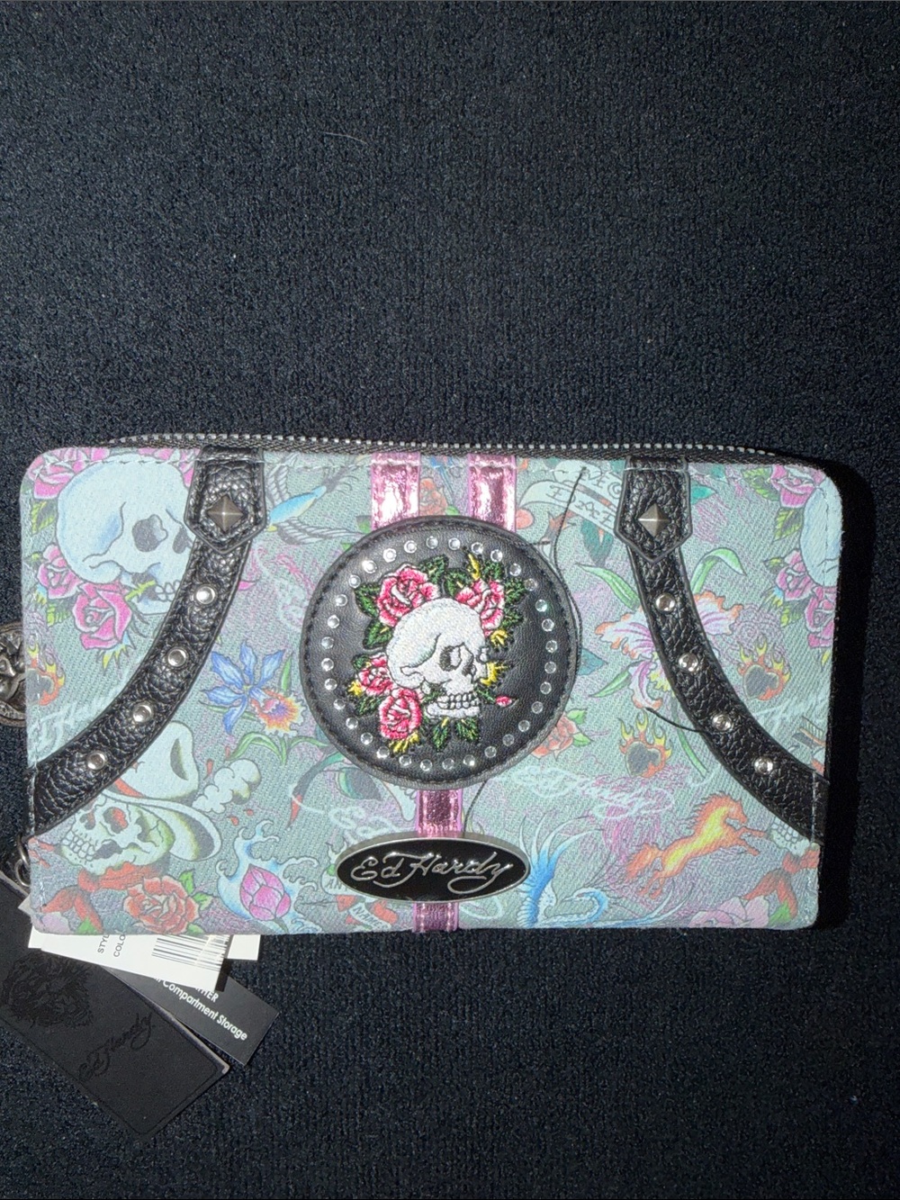 Ed Hardy Skull & Roses Zip Wallet in Pastel Blue and Pink Accents